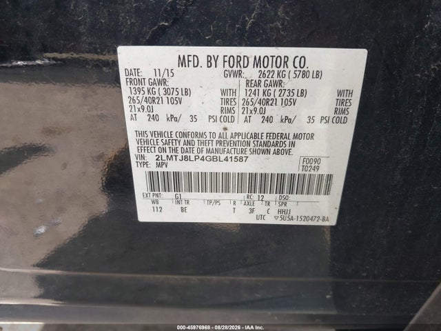 Продажа на аукционе авто 2016 Lincoln Mkx Reserve, vin: 2LMTJ8LP4GBL41587, номер лота: 45976968