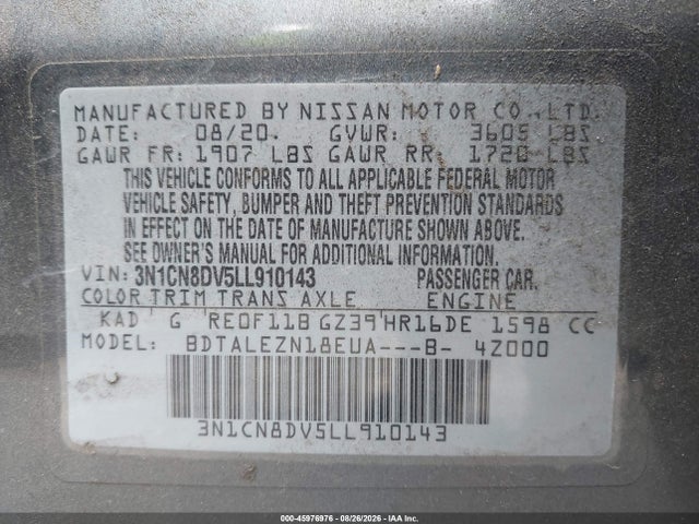 Aukcja sprzedaży 2020 Nissan Versa S Xtronic Cvt, vin: 3N1CN8DV5LL910143, numer aukcji: 45976976