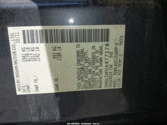 2012 Nissan Altima 2.5 S მანქანა იყიდება აუქციონზე, vin: 1N4AL2AP1CN477178, აუქციონის ნომერი: 45976984