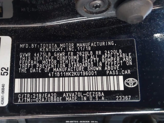 Toyota CAMRY SE 2019 4T1B11HK2KU196001 Image 9