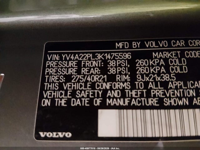 2019 Volvo Xc90 T6 Inscription მანქანა იყიდება აუქციონზე, vin: YV4A22PL3K1475596, აუქციონის ნომერი: 45977018