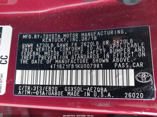Auction sale of the 2019 Toyota Avalon Xse, vin: 4T1BZ1FB1KU007981, lot number: 45977019