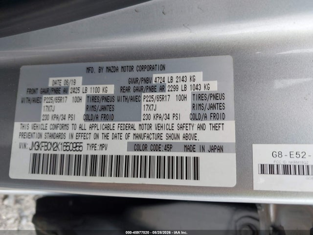 45977020 :رقم المزاد ، JM3KFBCM2K1650955 vin ، 2019 Mazda Cx-5 Touring مزاد بيع