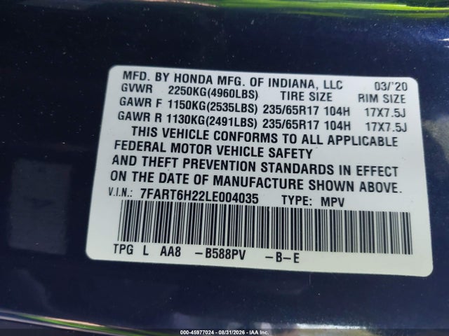 Auction sale of the 2020 Honda Cr-v Hybrid Lx, vin: 7FART6H22LE004035, lot number: 45977024