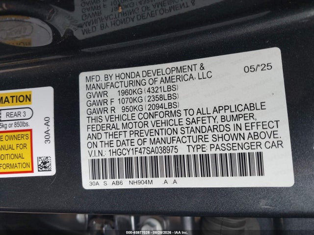 Продажа на аукционе авто 2025 Honda Accord Se, vin: 1HGCY1F47SA038975, номер лота: 45977028