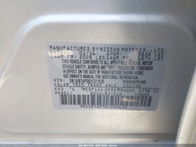 2016 Nissan Sentra Sr მანქანა იყიდება აუქციონზე, vin: 3N1AB7AP9GY221635, აუქციონის ნომერი: 45977038
