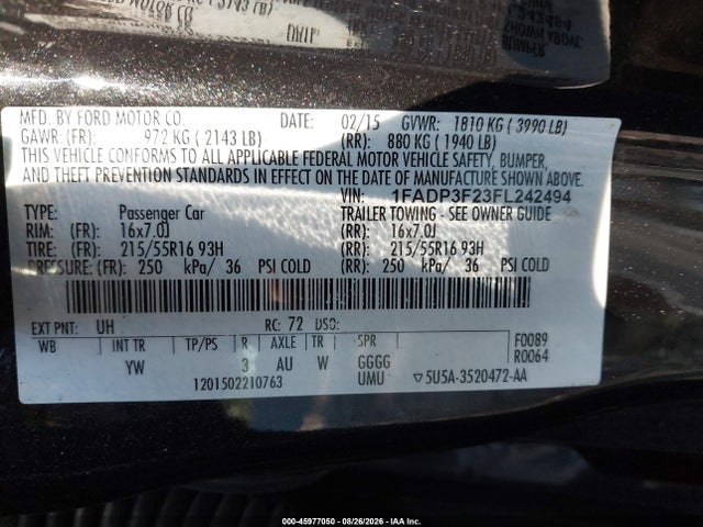 2015 Ford Focus Se მანქანა იყიდება აუქციონზე, vin: 1FADP3F23FL242494, აუქციონის ნომერი: 45977050