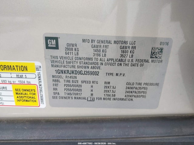 Продажа на аукционе авто 2016 Chevrolet Traverse Ltz, vin: 1GNKRJKD9GJ269002, номер лота: 45977052