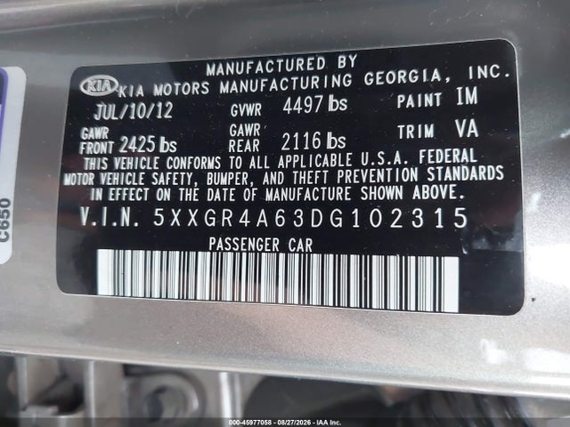Продажа на аукционе авто 2013 Kia Optima Sx, vin: 5XXGR4A63DG102315, номер лота: 45977058