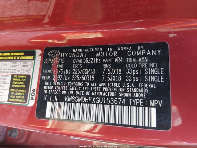 2016 Hyundai Santa Fe Se მანქანა იყიდება აუქციონზე, vin: KM8SMDHFXGU153674, აუქციონის ნომერი: 45977075