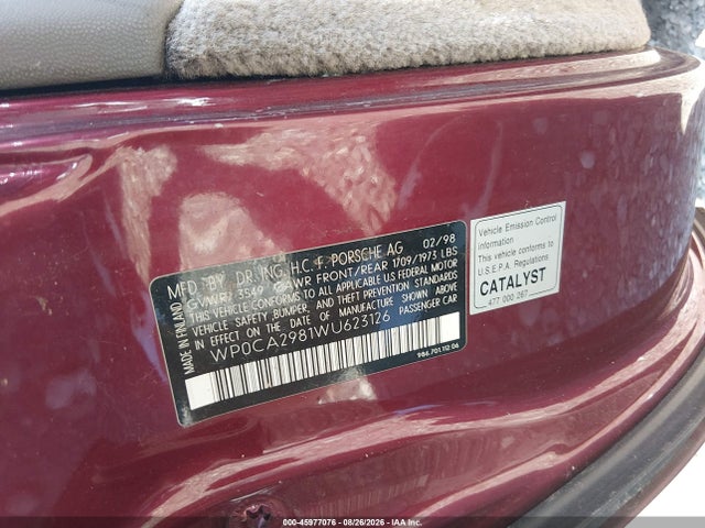 Aukcja sprzedaży 1998 Porsche Boxster, vin: WP0CA2981WU623126, numer aukcji: 45977076