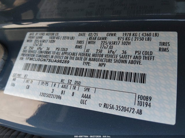 45977084 :رقم المزاد ، 1FMCU0GN7SUA98289 vin ، 2025 Ford Escape Active مزاد بيع