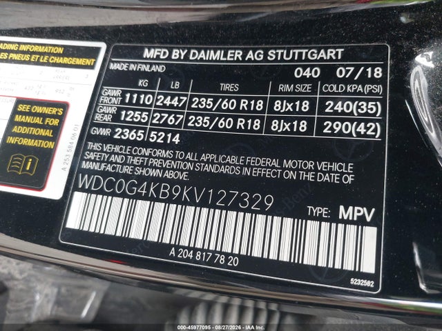 45977095 :رقم المزاد ، WDC0G4KB9KV127329 vin ، 2019 Mercedes-benz Glc 300 4matic مزاد بيع