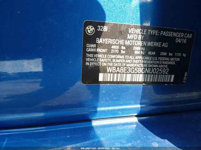 2016 Bmw 328i Xdrive მანქანა იყიდება აუქციონზე, vin: WBA8E3G58GNU02592, აუქციონის ნომერი: 45977103