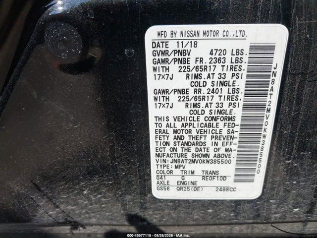 Aukcja sprzedaży 2019 Nissan Rogue S, vin: JN8AT2MV0KW385500, numer aukcji: 45977115
