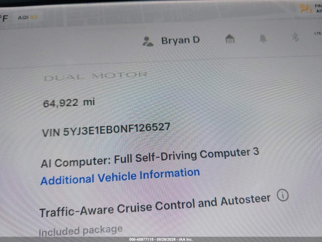 45977118 :رقم المزاد ، 5YJ3E1EB0NF126527 vin ، 2022 Tesla Model 3 Long Range Dual Motor All-wheel Drive مزاد بيع