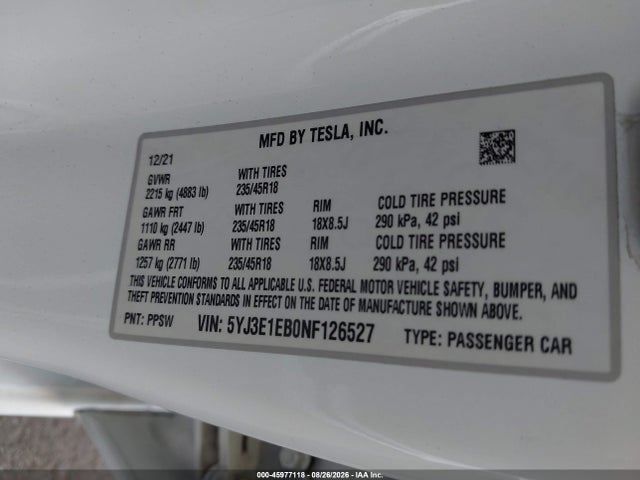 45977118 :رقم المزاد ، 5YJ3E1EB0NF126527 vin ، 2022 Tesla Model 3 Long Range Dual Motor All-wheel Drive مزاد بيع