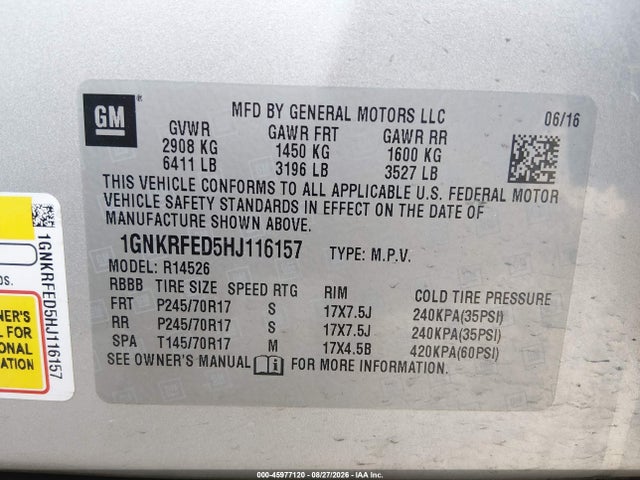 Продаж на аукціоні авто 2017 Chevrolet Traverse Ls, vin: 1GNKRFED5HJ116157, номер лоту: 45977120