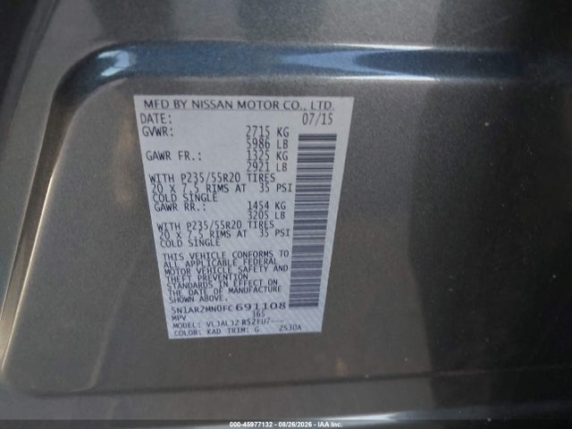 Aukcja sprzedaży 2015 Nissan Pathfinder Platinum, vin: 5N1AR2MN0FC691108, numer aukcji: 45977132