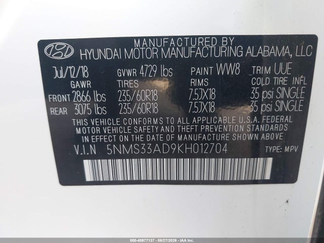 Aukcja sprzedaży 2019 Hyundai Santa Fe Sel Plus, vin: 5NMS33AD9KH012704, numer aukcji: 45977137