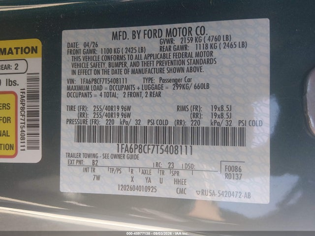 Продаж на аукціоні авто 2026 Ford Mustang Gt Premium Fastback, vin: 1FA6P8CF7T5408111, номер лоту: 45977138