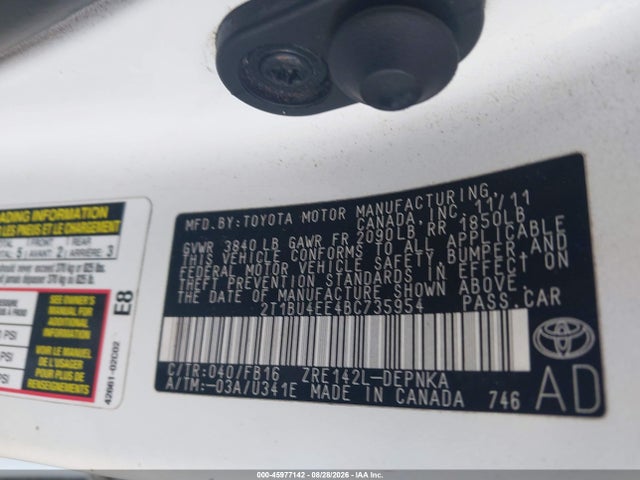 Aukcja sprzedaży 2011 Toyota Corolla Le, vin: 2T1BU4EE4BC735954, numer aukcji: 45977142