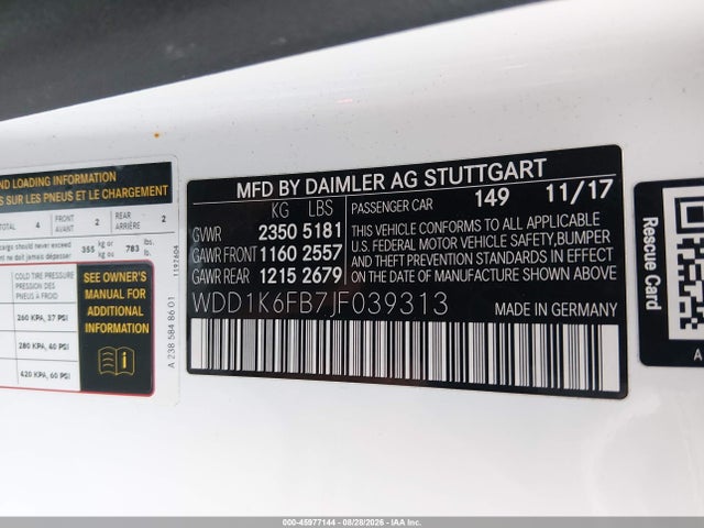 Aukcja sprzedaży 2018 Mercedes-benz E 400, vin: WDD1K6FB7JF039313, numer aukcji: 45977144