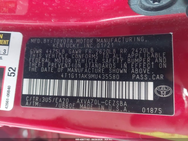 2021 Toyota Camry Se მანქანა იყიდება აუქციონზე, vin: 4T1G11AK9MU435580, აუქციონის ნომერი: 45977162