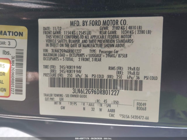 Auction sale of the 2013 Lincoln Mkz, vin: 3LN6L2G96DR801227, lot number: 45977178