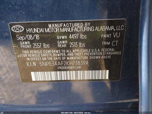 Aukcja sprzedaży 2019 Hyundai Sonata Sport, vin: 5NPE34AF2KH738394, numer aukcji: 45977189