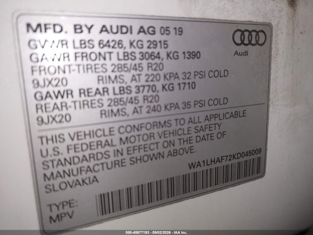 45977193 :رقم المزاد ، WA1LHAF72KD045009 vin ، 2019 Audi Q7 45 Premium/45 Se Premium مزاد بيع