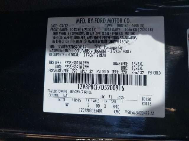 2013 Ford Mustang Gt მანქანა იყიდება აუქციონზე, vin: 1ZVBP8CF7D5200916, აუქციონის ნომერი: 45977201