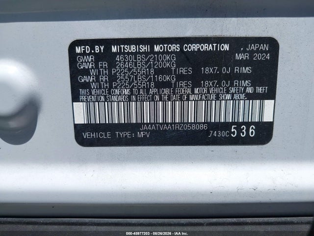 Auction sale of the 2024 Mitsubishi Eclipse Cross Le S-awc, vin: JA4ATVAA1RZ058086, lot number: 45977203