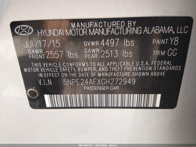 Продажа на аукционе авто 2016 Hyundai Sonata Se, vin: 5NPE24AFXGH272949, номер лота: 45977211