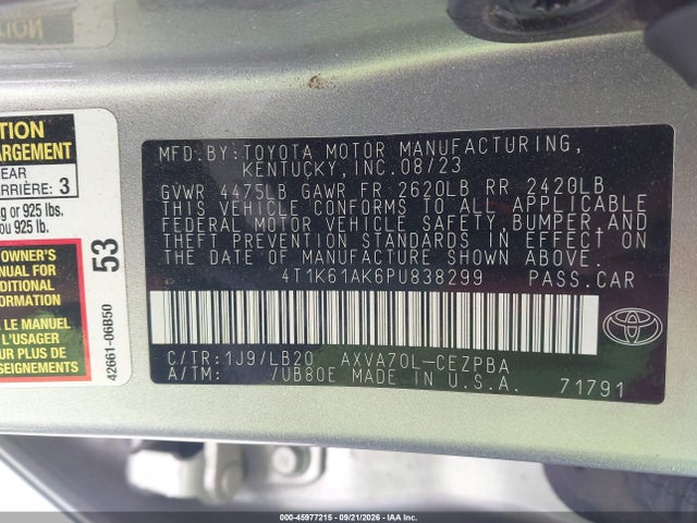 2023 Toyota Camry Xse მანქანა იყიდება აუქციონზე, vin: 4T1K61AK6PU838299, აუქციონის ნომერი: 45977215
