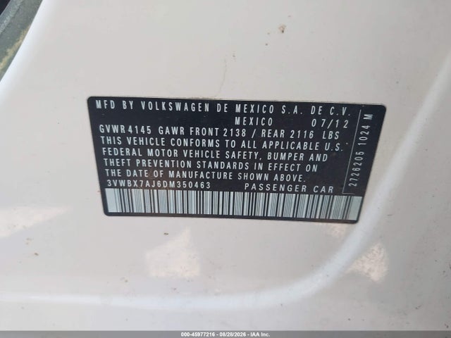 Продаж на аукціоні авто 2013 Volkswagen Jetta 2.5l Se, vin: 3VWBX7AJ6DM350463, номер лоту: 45977216