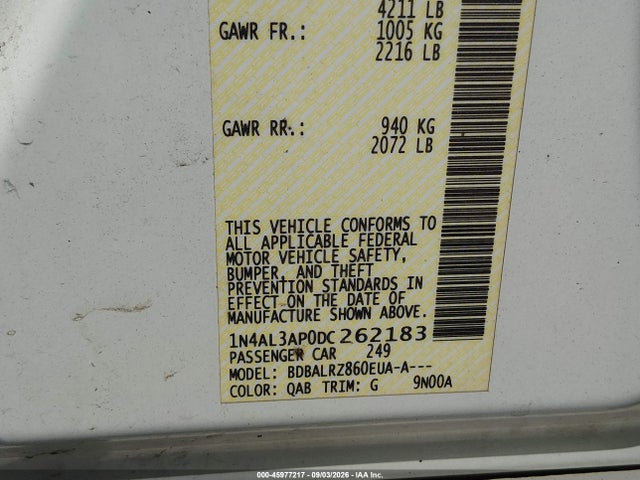 45977217 :رقم المزاد ، 1N4AL3AP0DC262183 vin ، 2013 Nissan Altima 2.5 S مزاد بيع