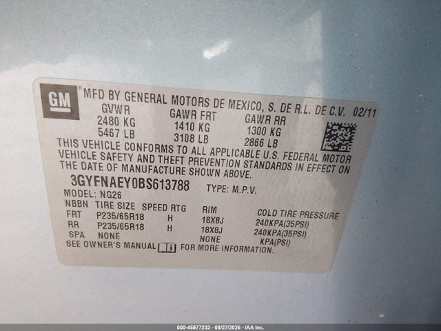 45977232 :رقم المزاد ، 3GYFNAEY0BS613788 vin ، 2011 Cadillac Srx Luxury Collection مزاد بيع
