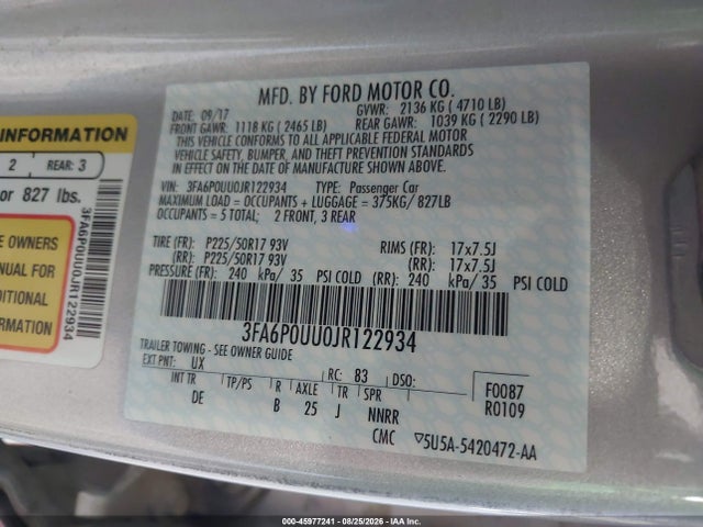 Ford Fusion Hybrid S 2018 3FA6P0UU0JR122934 Image 9