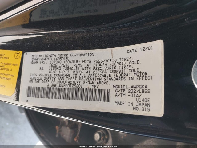 45977249 :رقم المزاد ، JTJGF10U920129201 vin ، 2002 Lexus Rx 300 مزاد بيع