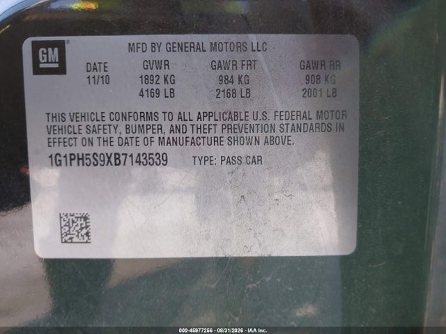 45977256 :رقم المزاد ، 1G1PH5S9XB7143539 vin ، 2011 Chevrolet Cruze Ltz مزاد بيع