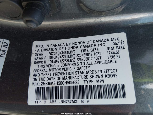 45977259 :رقم المزاد ، 2HKRM3H50CH505623 vin ، 2012 Honda Cr-v Ex مزاد بيع