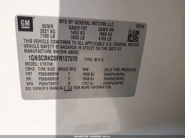 Aukcja sprzedaży 2015 Chevrolet Tahoe Lt, vin: 1GNSCBKC6FR127978, numer aukcji: 45977260