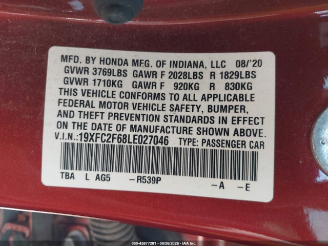 Aukcja sprzedaży 2020 Honda Civic Lx, vin: 19XFC2F68LE027046, numer aukcji: 45977281