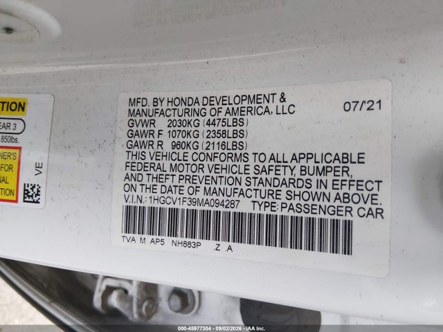 45977304 :رقم المزاد ، 1HGCV1F39MA094287 vin ، 2021 Honda Accord Sport مزاد بيع