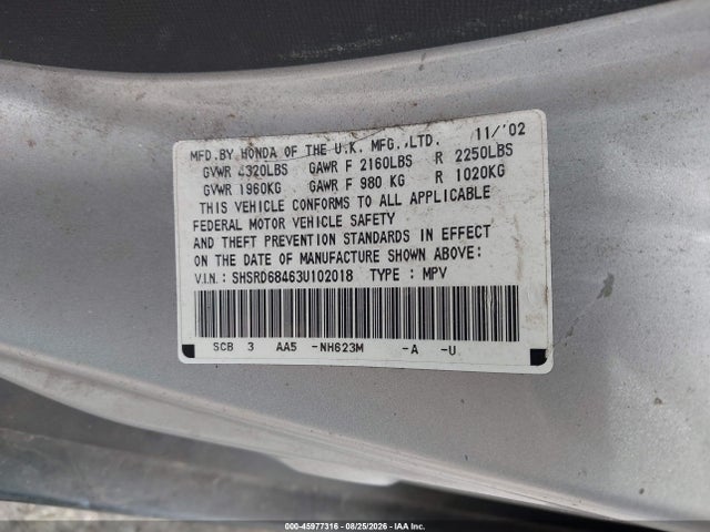 Продажа на аукционе авто 2003 Honda Cr-v Lx, vin: SHSRD68463U102018, номер лота: 45977316