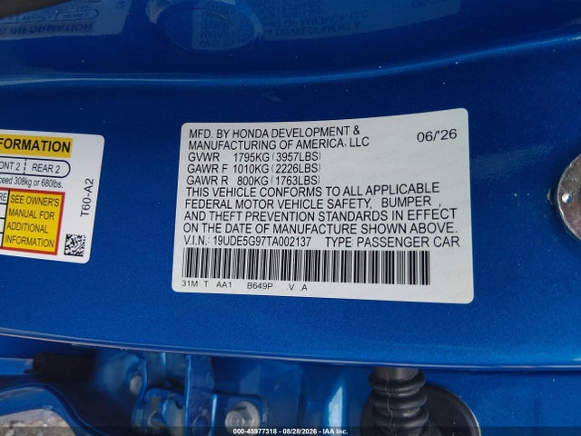 Продаж на аукціоні авто 2026 Acura Integra Fwd Type S, vin: 19UDE5G97TA002137, номер лоту: 45977318