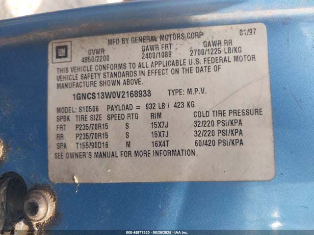 1997 Chevrolet Blazer Ls მანქანა იყიდება აუქციონზე, vin: 1GNCS13W0V2168933, აუქციონის ნომერი: 45977320