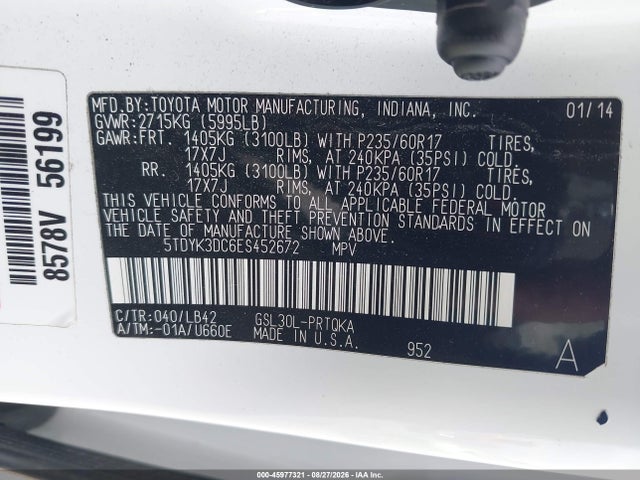 Продажа на аукционе авто 2014 Toyota Sienna Xle V6 8 Passenger, vin: 5TDYK3DC6ES452672, номер лота: 45977321