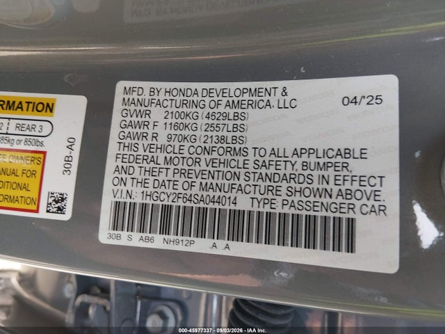 Продаж на аукціоні авто 2025 Honda Accord Hybrid Ex-l, vin: 1HGCY2F64SA044014, номер лоту: 45977337